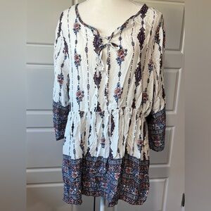 Signature Studio Women's XL Tunic Dress White Boho Print‎ Tie Neck 3/4 Sleeve
